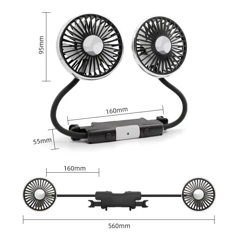 360° Dual Head Car Seat Fan with LED & 3-Speed Control