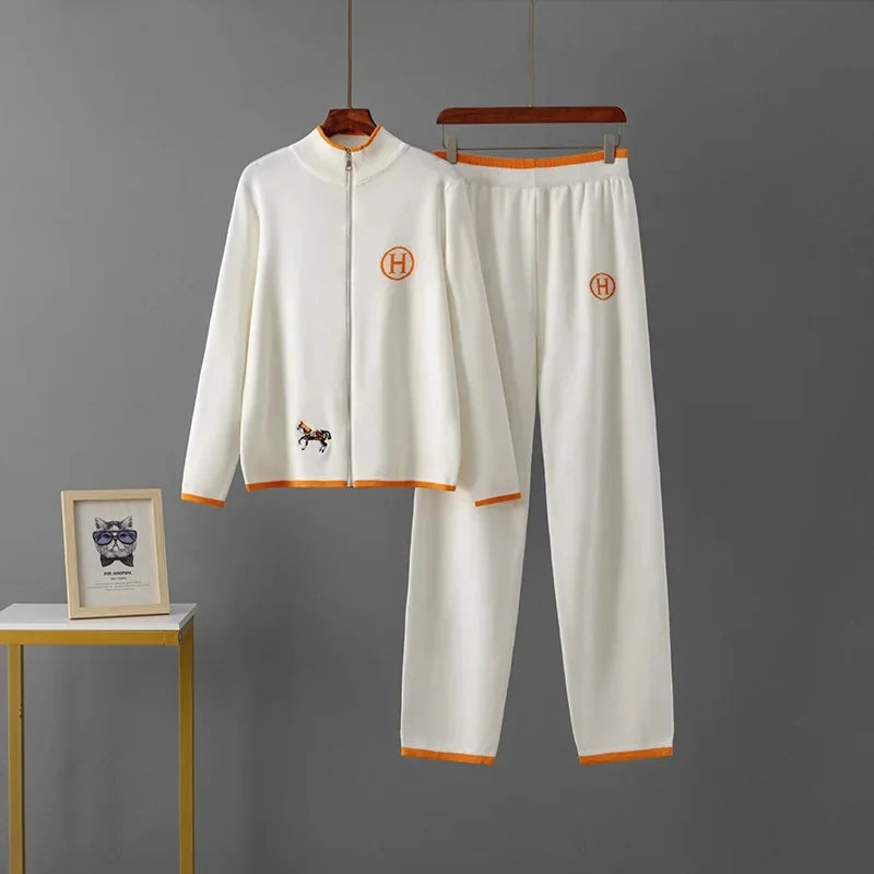 USA-Made Luxury Wool 2-Piece Set: Embroidered Horse Knit Jacket & Pants