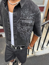 Men's Vintage Black Washed Embroidered Raw Edge Denim Short-Sleeve Shirt, Y2K Streetwear Cropped Top