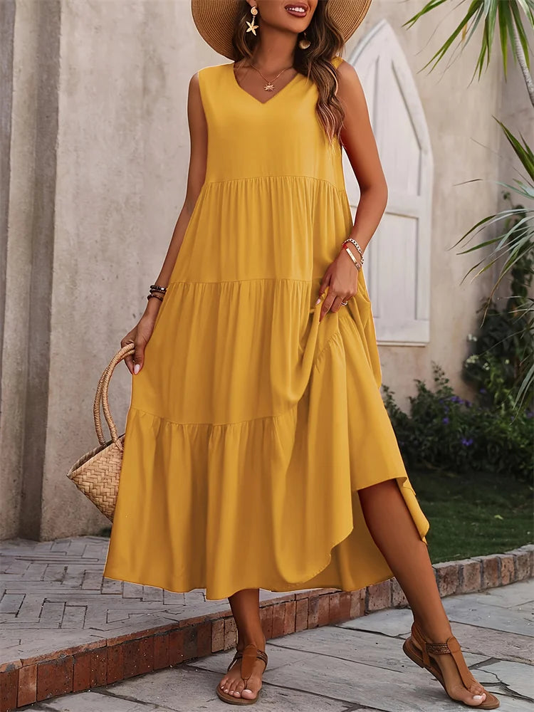 Elegant V-Neck Ruffle Summer Maxi