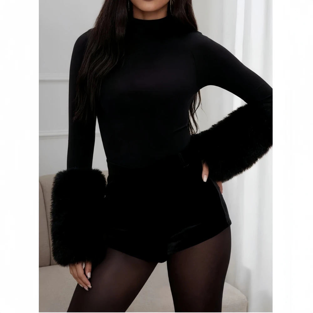 FAGADOER Winter New Sexy Fur Patchwork 2 Pieces Set for Woman Outfits Long Sleeves Bodycon Playsuits + Shorts Female Streetwear
