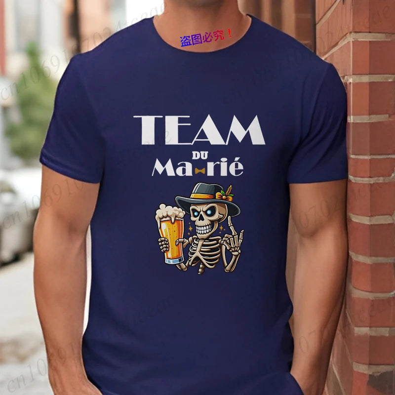 French Funny Single Farewell Bachelor Party T-shirt Wedding Beer Skeleton Tops Evg Team Married Tee Future Groom Man Squad Shirt