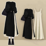 Women's Spring Autumn Long Split Sweater Sling Dress Two Piece Set Lady Graceful Black Knit Clothing Sleeveless Dresses Outfits