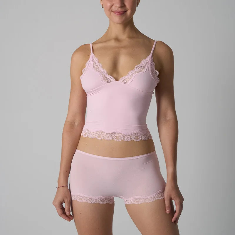Europe American Simple Pink Light Thin Lace Strap Tank Top Flat Corner Lace Underwear for Women Comfortable Stretchy Short Sets