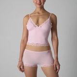 Europe American Simple Pink Light Thin Lace Strap Tank Top Flat Corner Lace Underwear for Women Comfortable Stretchy Short Sets