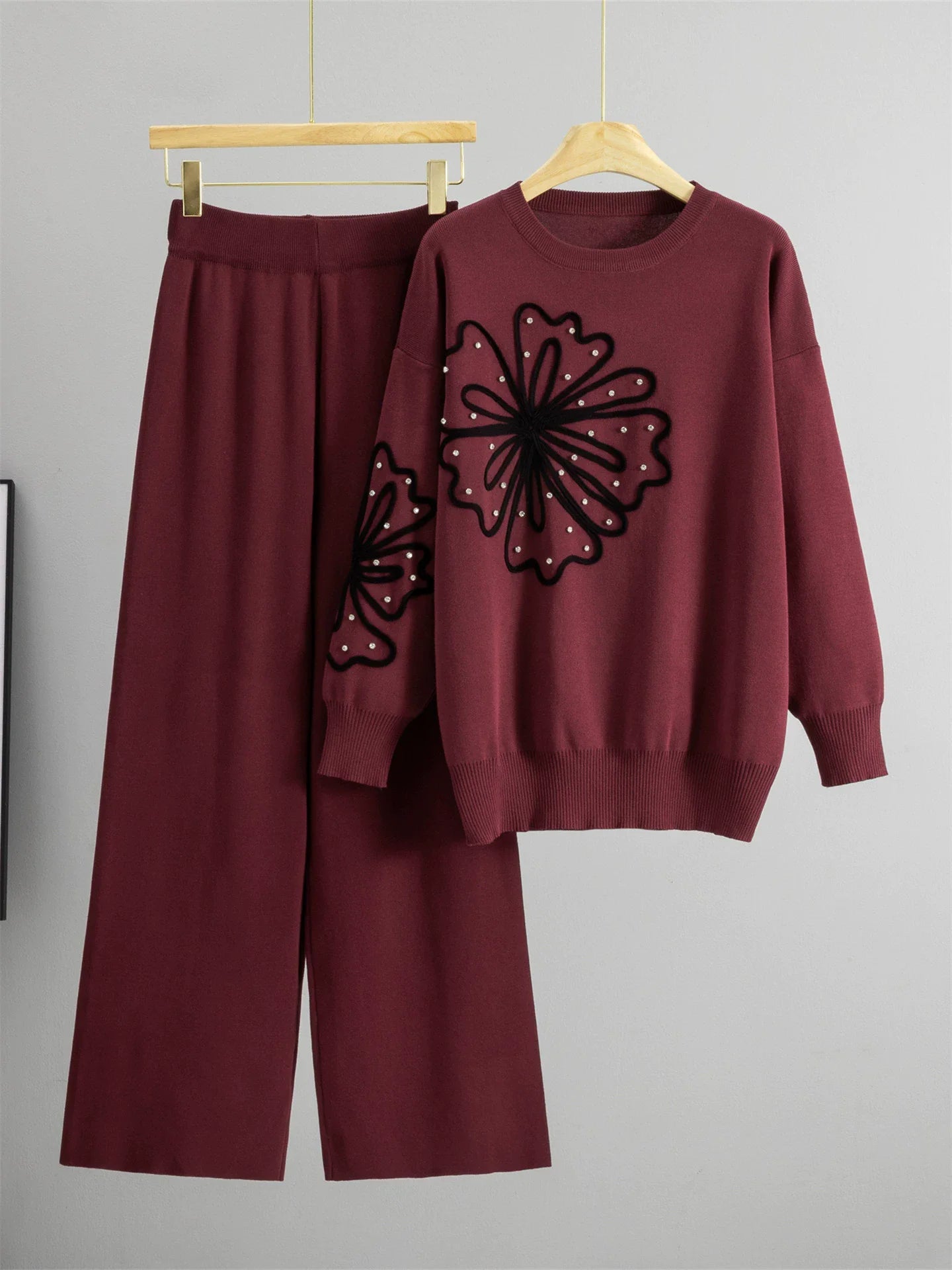 USA-Made Chic Rhinestone Knitted 2-Piece Set – High-Waist Wide Leg Lounge Outfit