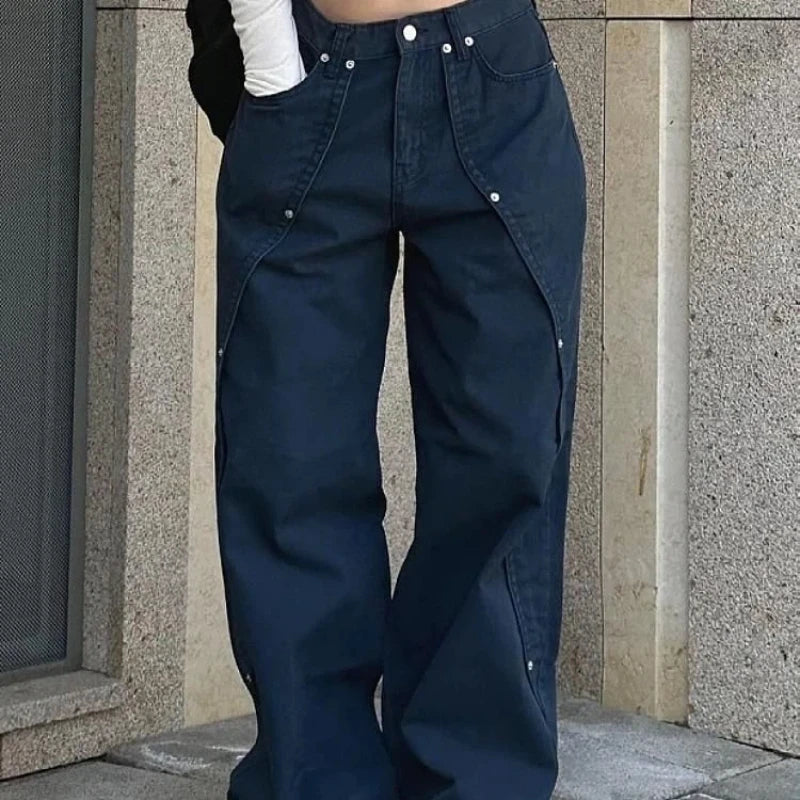 Vintage Rivet Patchwork Wide-Leg Jeans