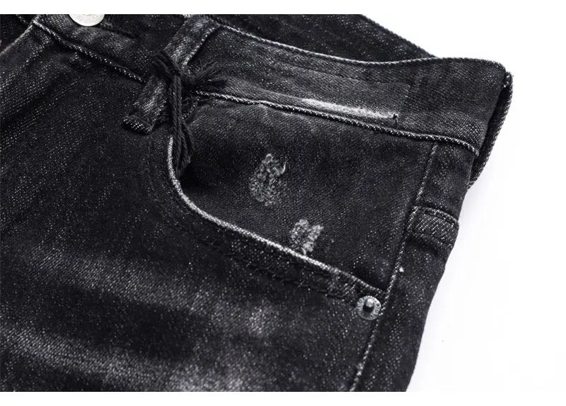 Men's Slim-Fit Distressed Black Grey Denim Jeans