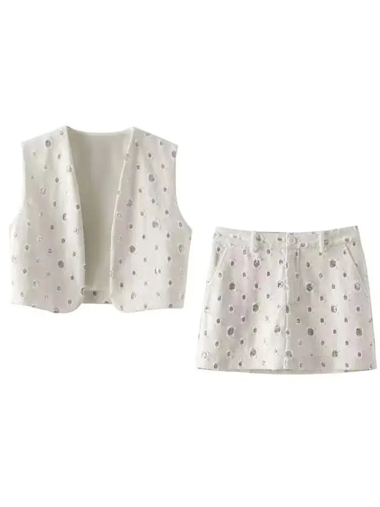 Elegant Sequin Skirt Sets For Women 2 Pieces Shinny Sleeveless Vest Women Suits 2024 Summer Fashion Zipped Skirts Set