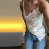 Women Short Set Satin Lace Spaghetti Strap V-Neck Top Drawstring Waist Lace Trim Shorts Elegant Casual Solid Two Piece Set Lady