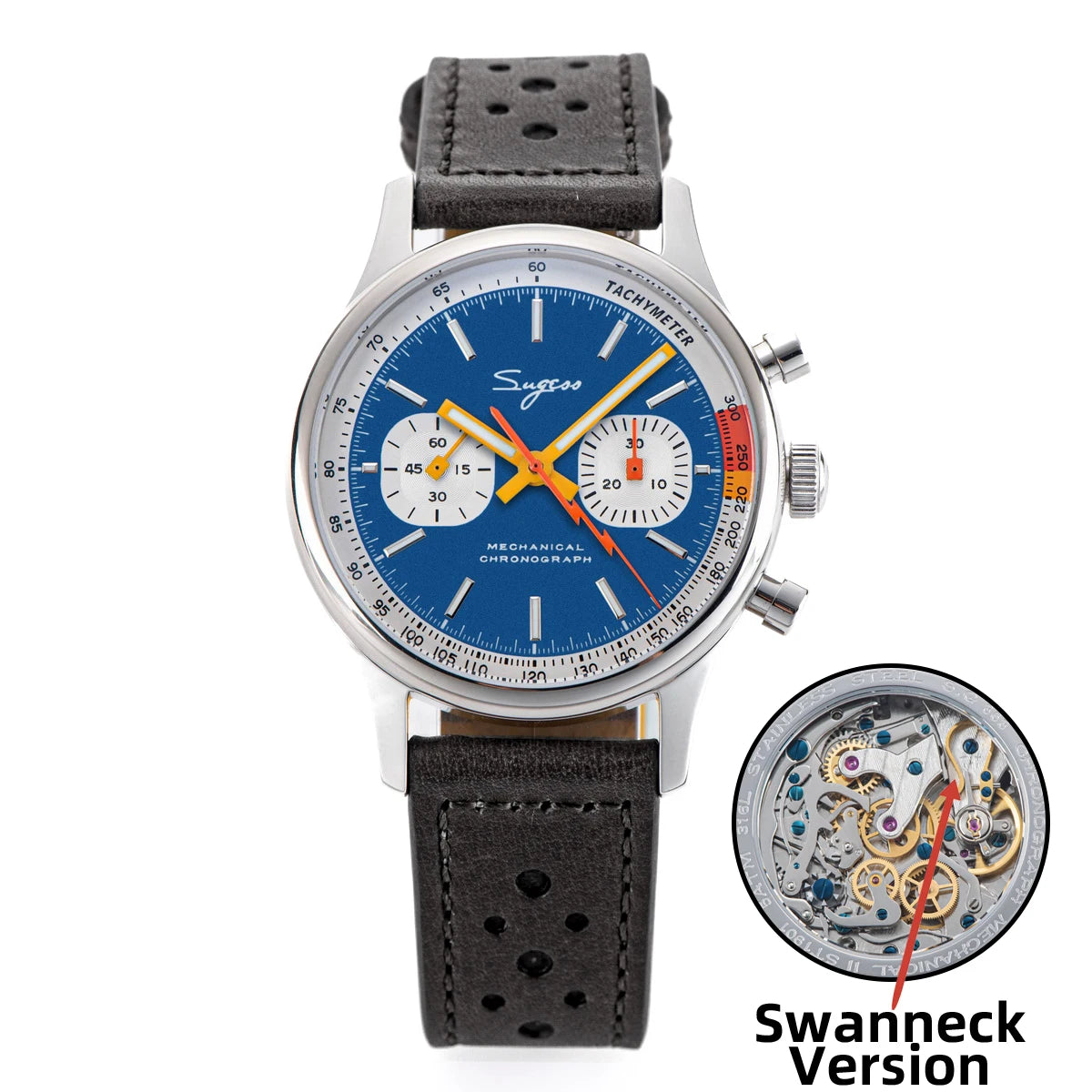 Sugess Pilot Watch with Seagull Movement Swanneck Wristwatch Mechanical Chronograph Sappire Crystal Military Limited Racing 1963