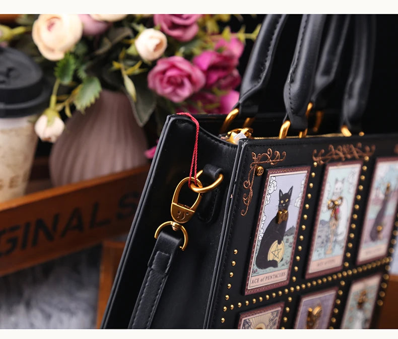 Vintage Luxury Leather Tote – Designer Cat Embroidery Shoulder Bag