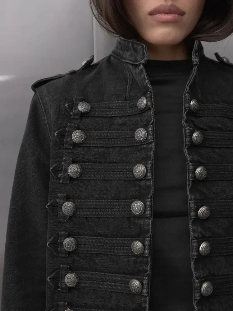 Y2K Retro Hussars Jacket Stand Collar Double Breasted Button Cropped Jacket Napoleon Old Money BLK Denim Jacket Women Boxy Coat