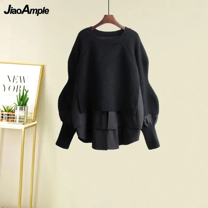 Women's Spring Autumn New Fashion Fake Two Piece Knit Sweater+Strap A-line Skirt Suit Korean Elegant Pullover Dress Matching Set
