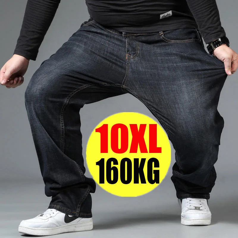 Plus Size Men's Jeans 10XL(160kg) Straight Leg Stretch Denim Pants For 160KG Heavyweight Blue/Black Big & Tall Casual Trousers