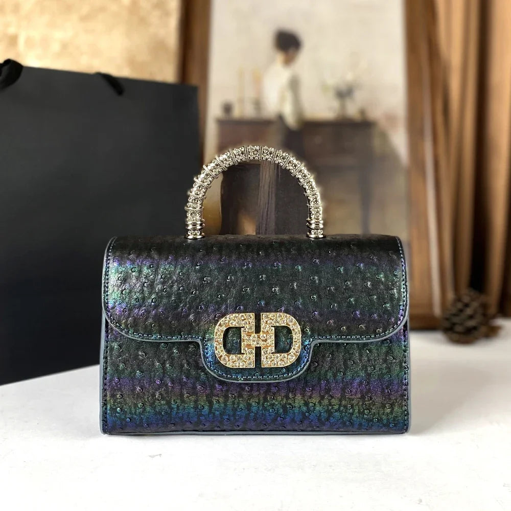 Advanced Ostrich Pattern Diamond Inlaid Women's Handbag New Fashionable High-End Shoulder Crossbody Bag