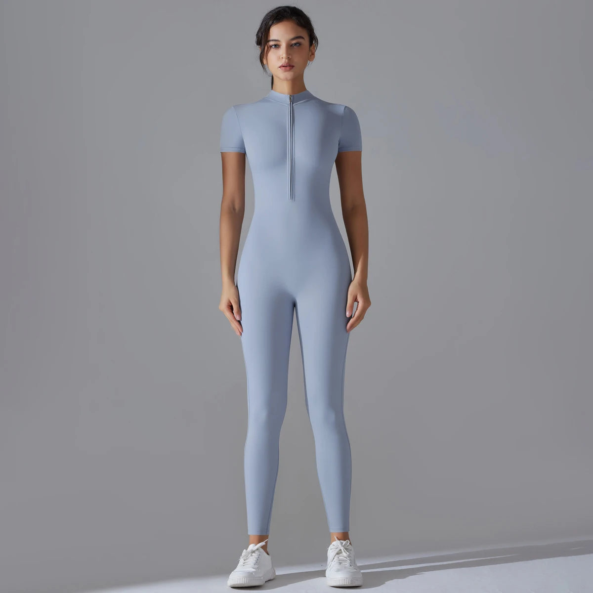 Zip-Front Yoga Jumpsuit - Quick-Dry Short Sleeve Fitness Bodysuit