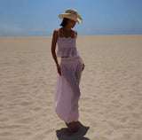 Women Floral Lace Sheer Layers Skirt Set Suspenders Ruffle Top High Waist Maxi Skirts 2026 Summer Beach Vacation Female Outfits