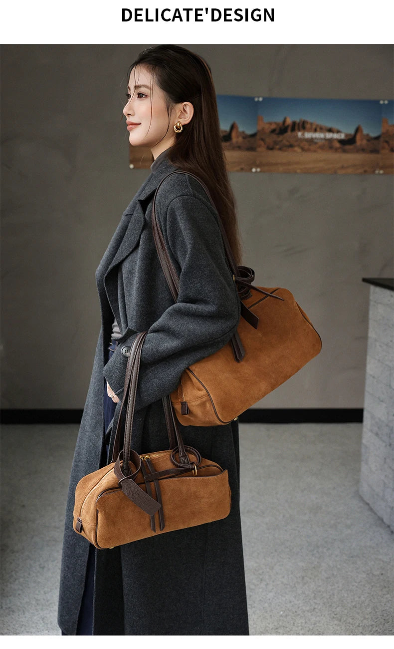 Ladies Casual Soft Suede Cowhide Handbags Women's Frosted Cow Leather Shoulder Bag Female Fashion Trend Luxury Designer Bags New