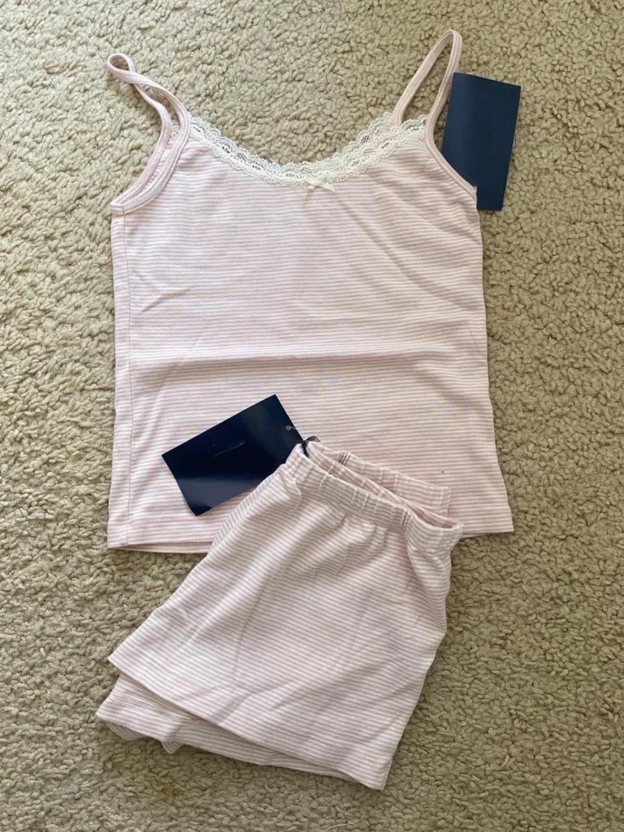 Strawberry Vest Shorts 2 Pieces Set Woman Eyelet Bow Slim Tank Top with Elastic Waist Patchwork Straight Short Pant Sweet Sets