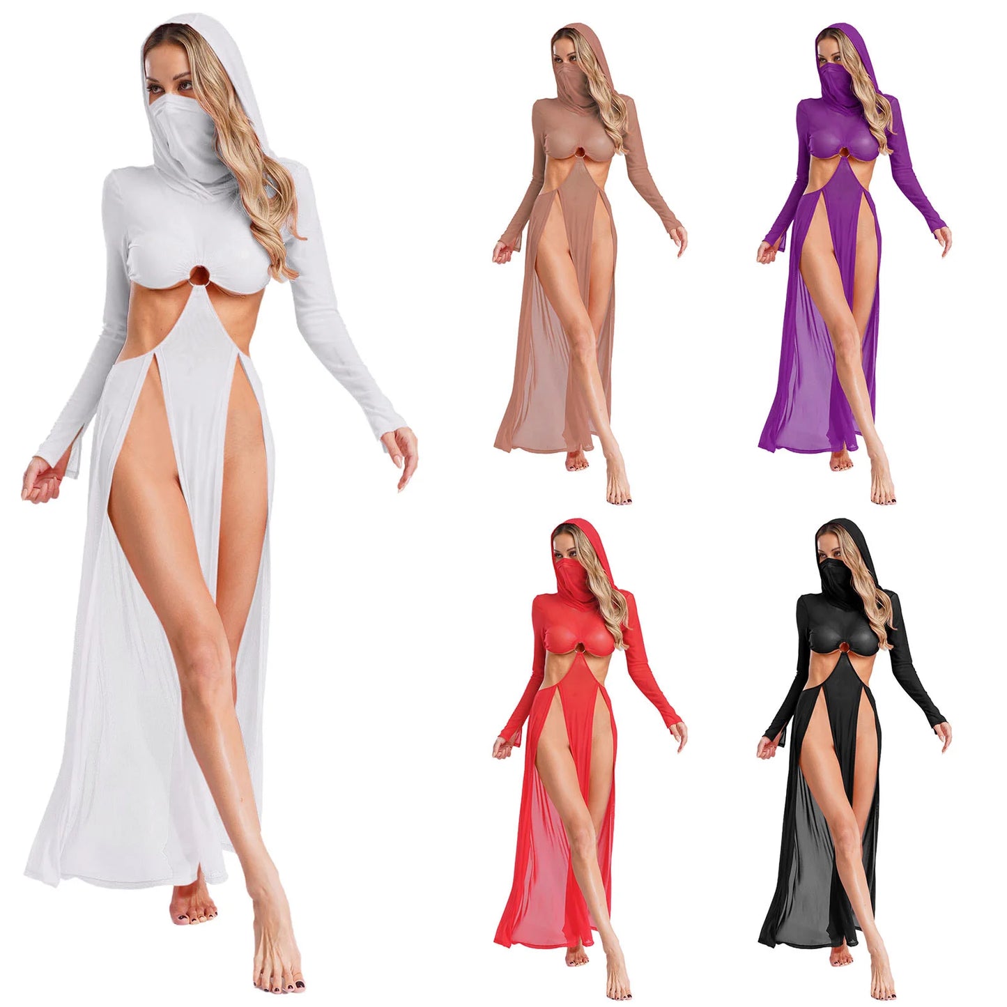Women’s Hooded Mask Sheer Maxi Dress