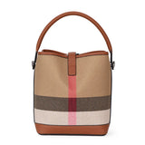 New canvas paired with cowhide women's shoulder crossbody bag, fashionable plaid pattern bucket bag