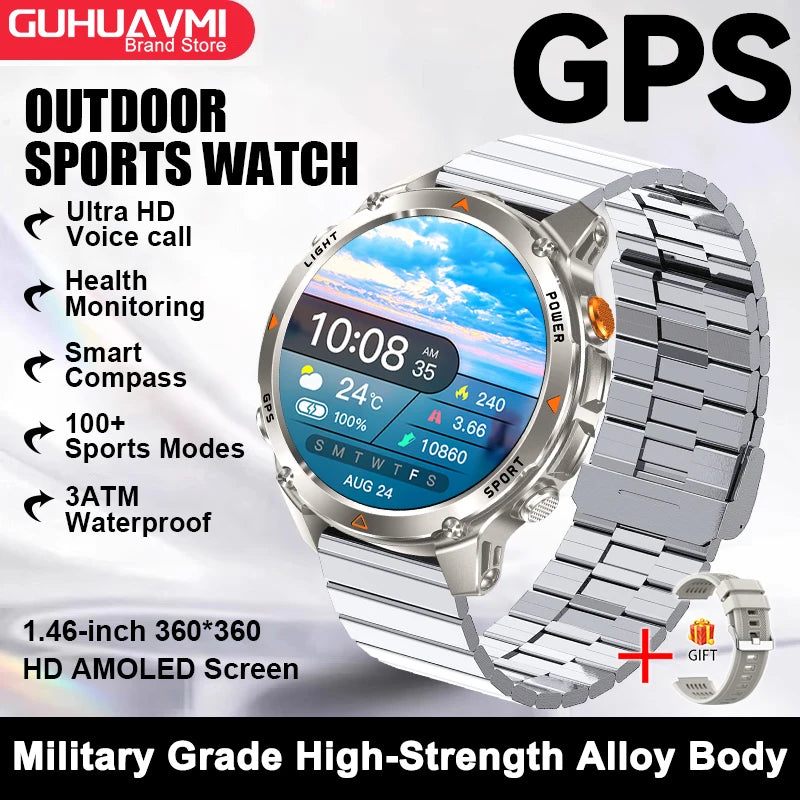 2026 New Military Bluetooth Call Smart Watch Built-in GPS Compass Barometric Altimeter 10ATM Waterproof Sports Smartwatches Men