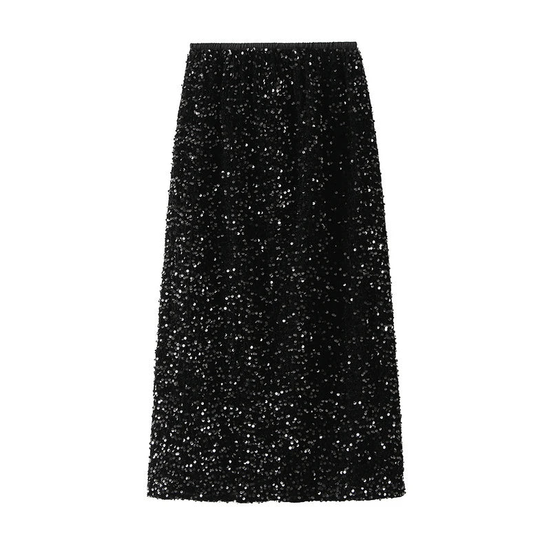 High Waisted Sequin Maxi Skirt Women Elegant Shiny Straight Skirts With Slit Summer Spring Black Long Sequin Skirt For Women