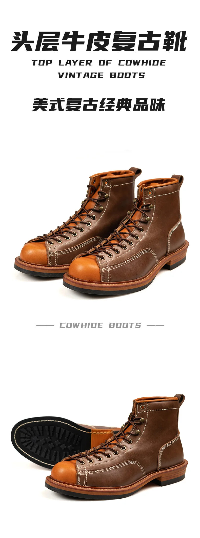 KOWM Hiking shoes men's cowhid boots British leather trekking shoes thick soled ankle sneakers cowhide high top motorcycle boots