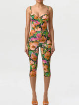 Trendy Bright Set Floral Print Spicy Girls Bodysuit Mid-calf Leggings Slim Fit Women Summer Party Chic Beach Festival Outfits