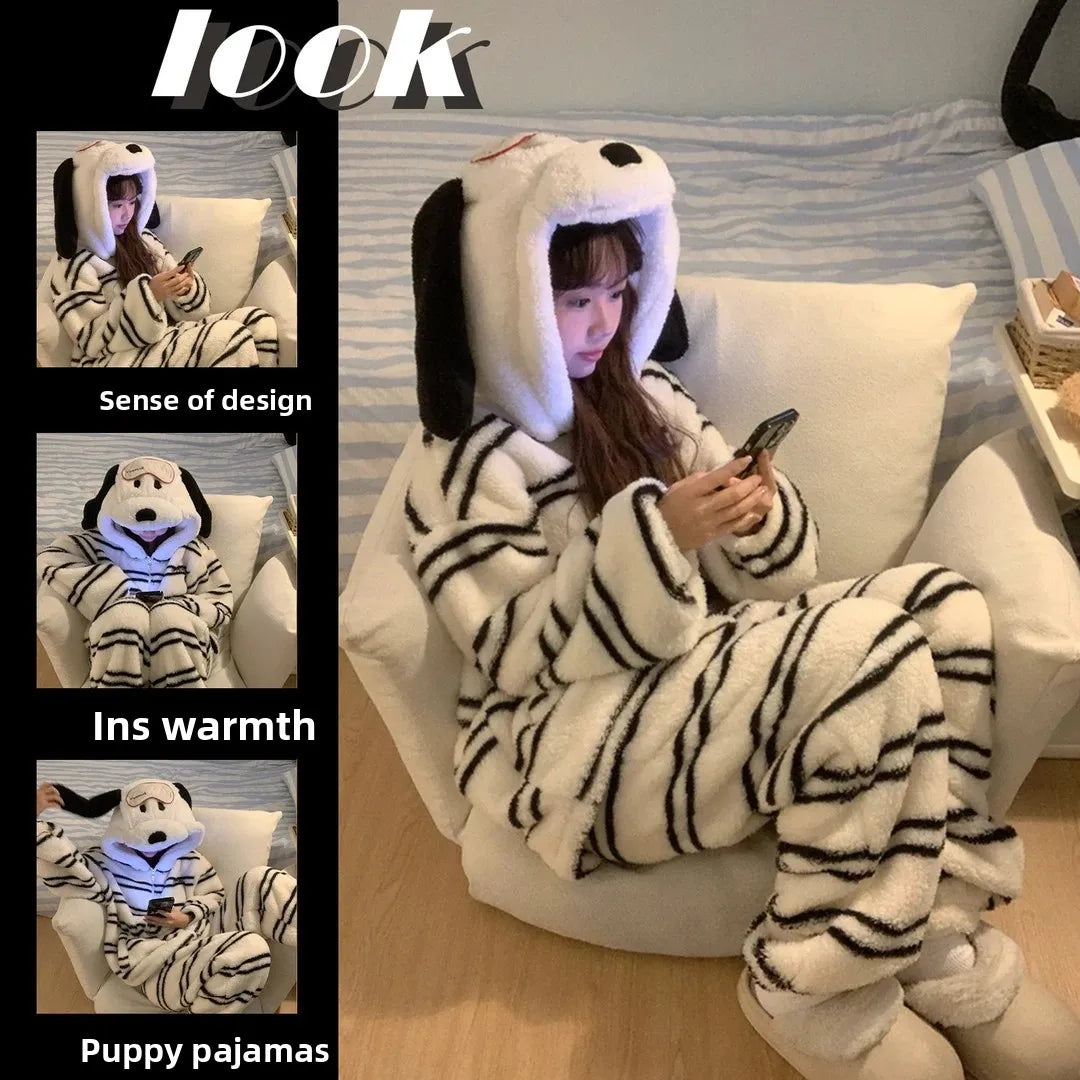 Cute Girl Cartoon Puppy Hooded Coral Fleece Pajamas Set Women's Winter New Thickened Large Size Loungewear Pajamas for Women