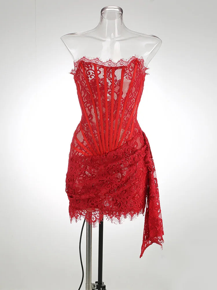 Strapless Lace Mini Dress – Elegant Sheer Patchwork Slim Fit Evening Dress