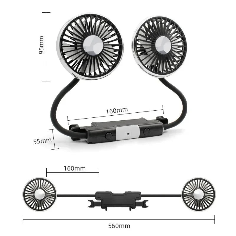 360° Dual Head Car Seat Fan with LED & 3-Speed Control