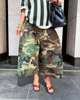 Women's Camo Wide-Leg Streetwear Trousers - High-Waist Vintage Cargo Capris