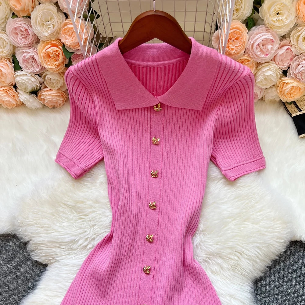 Elegant Collared Knit A-Line Midi Dress