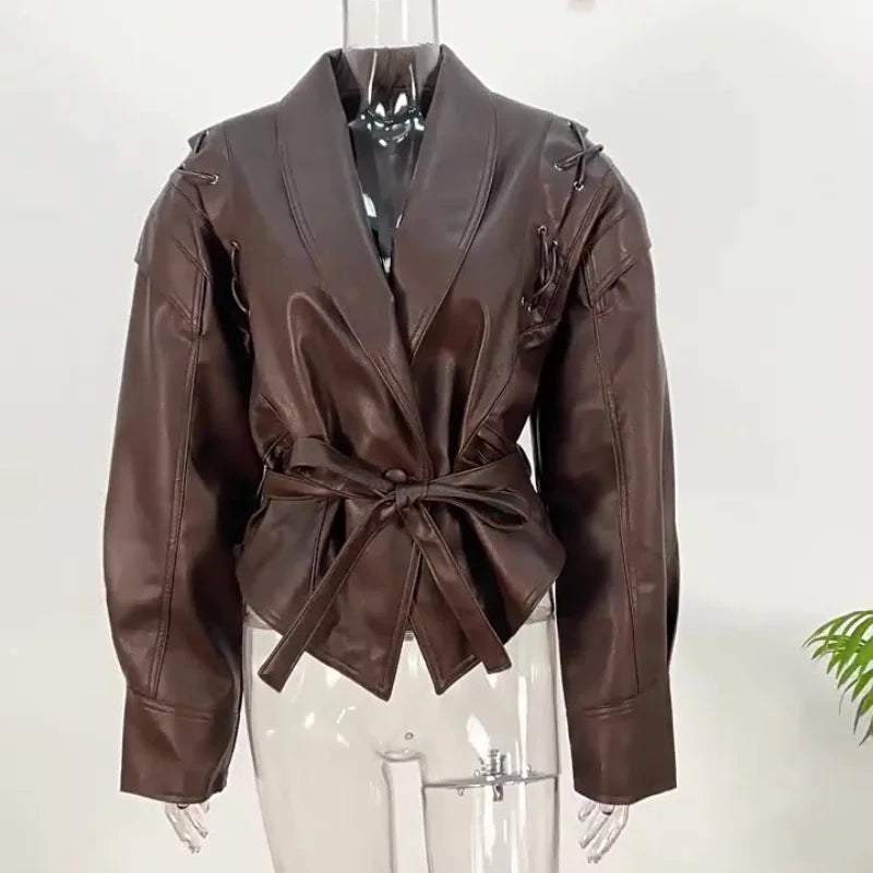 Women Vintage Brown Leather Jacket Lapel Padded Shoulder High Waist Leather Coat With Belt 2025 Lady Autumn Fashion Short Coats