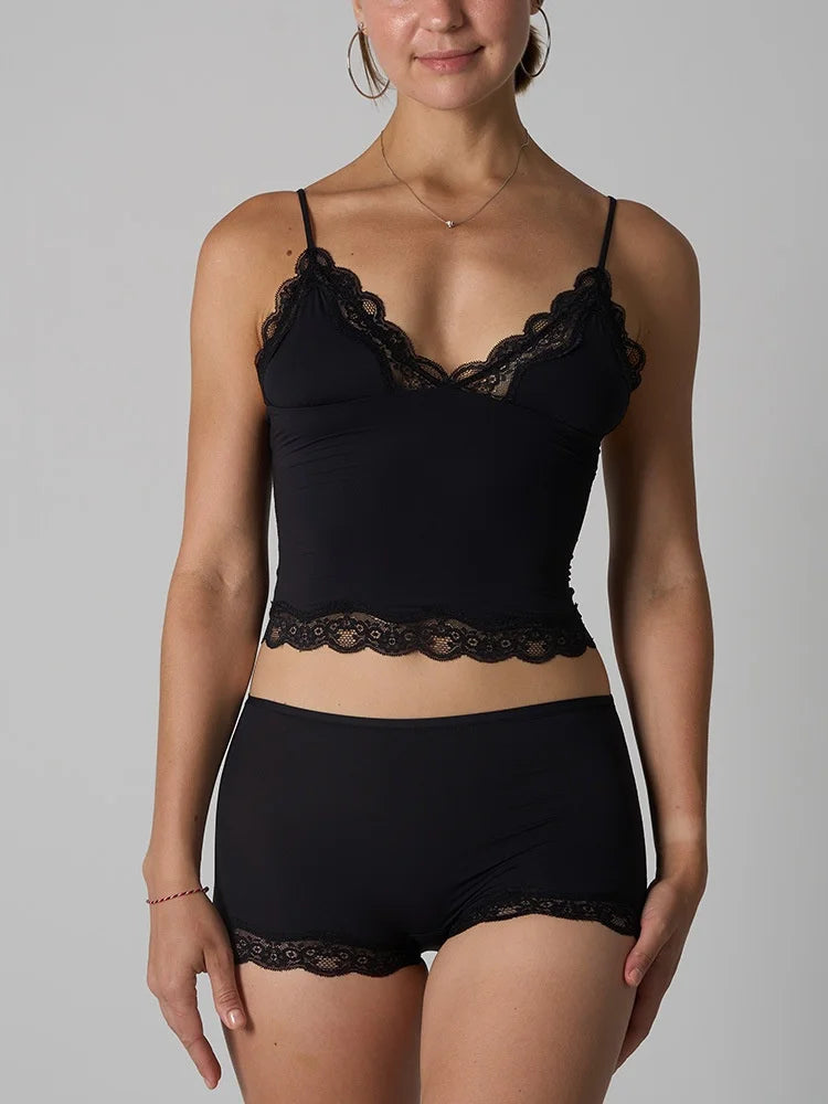 Europe American Simple Pink Light Thin Lace Strap Tank Top Flat Corner Lace Underwear for Women Comfortable Stretchy Short Sets