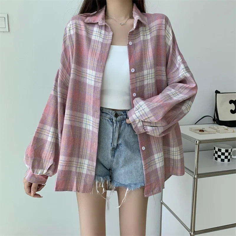 Vintage Plaid Long-Sleeve Blouse