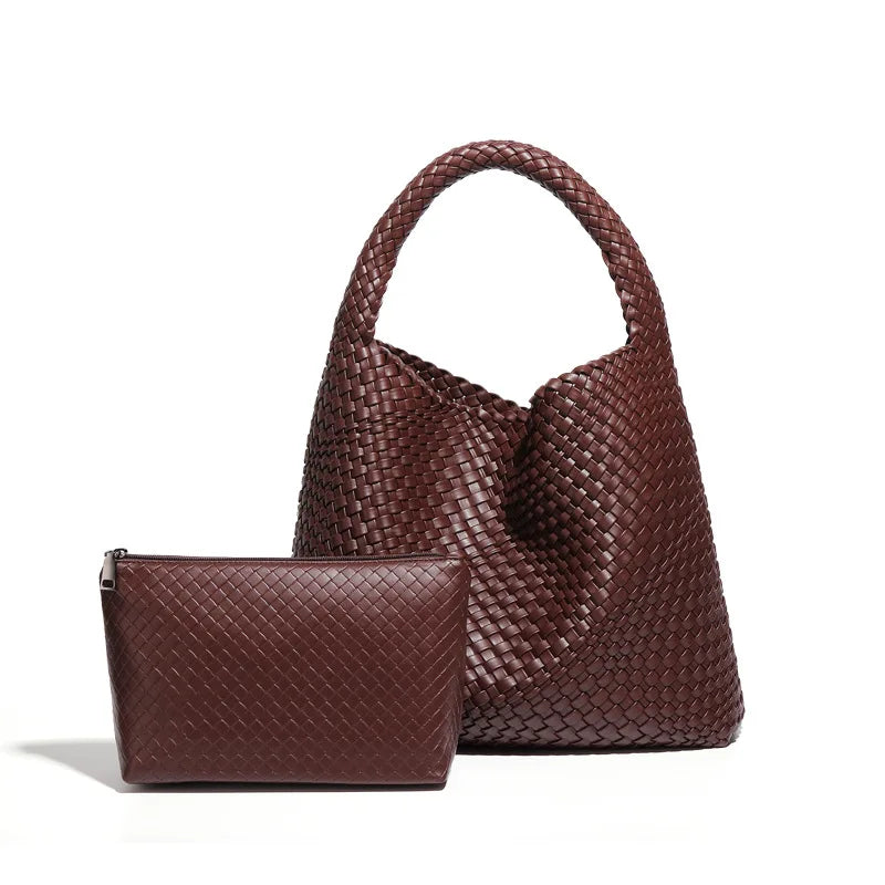 2025 Women Bag Luxury PU Leather Handbag Lady Fashion Handmade Knitting Tote Female Hand-woven Basket Shoulder Bag with Purse
