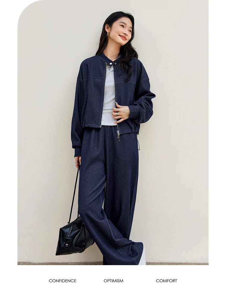 VIMLY 2 Piece Pant Set Woman Casual Outfits Women's Pant Suit 2026 Blue Stand-up Collar Jacket and Trouser Female Clothing A0119