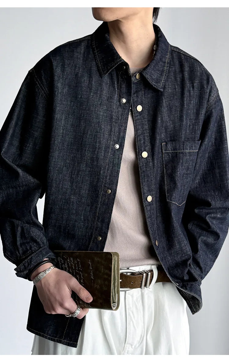 Men's American Vintage Washed Raw Denim Work Shirt Loose Fit Casual Trendy Overshirt Coat Premium Lyocell Spring Fall Streetwear