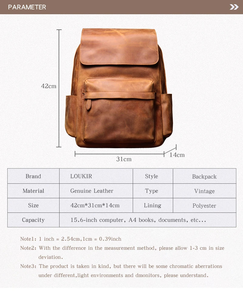 LUOKIR High Quality Genuine Leather Backpack Vintage Crazy Horse Cowhide Luxury School Bag Computer Knapsack For 15 Inch Laptop