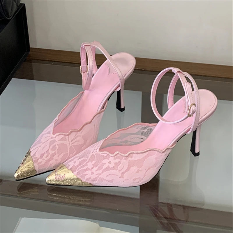 Aneikeh Pointed Toe Slingback Pumps – Floral Lace Heels