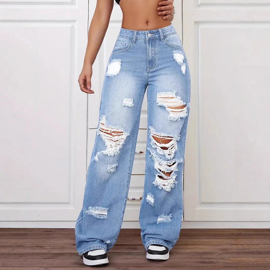 Women's Distressed Wide Leg Jeans | High Waist Denim