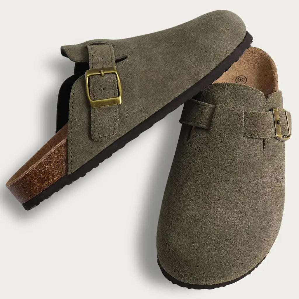 Evshine Men's Suede Clogs Fashion Leather Mules Cozy Footbed Slippers With Adjustable Buckle AntiSlip Cork Slippers Unisex Mules