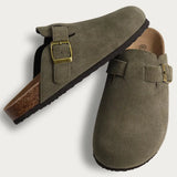Evshine Men's Suede Clogs Fashion Leather Mules Cozy Footbed Slippers With Adjustable Buckle AntiSlip Cork Slippers Unisex Mules