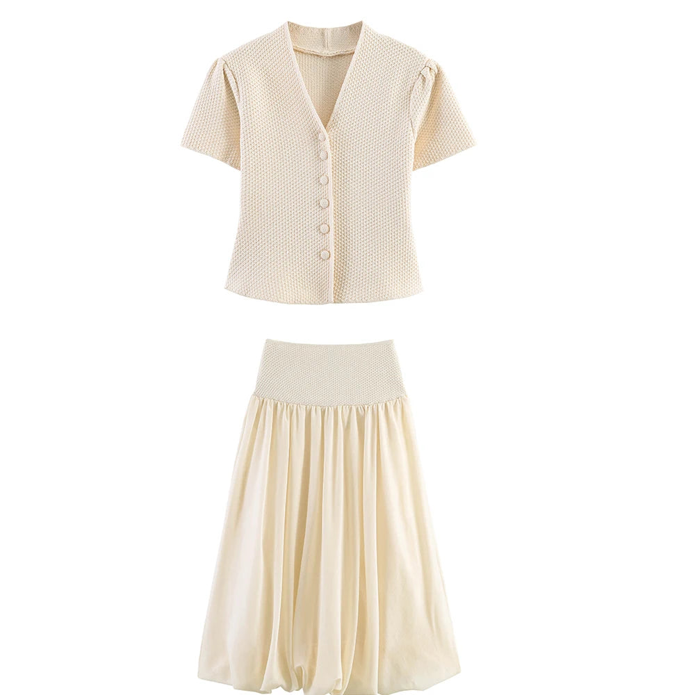 Summer minimalist style V-neck slim fit structured knit short sleeved knitted jacket with suspender short top and half skirt