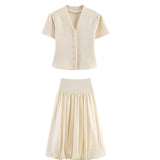 Summer minimalist style V-neck slim fit structured knit short sleeved knitted jacket with suspender short top and half skirt