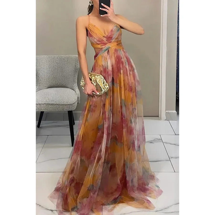 Off-Shoulder Lace Print Halter Maxi
