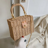 Rattan Straw Shoulder Bag Women Boho Hand-Woven Basket Messenger Pouch Summer Beach Square Box Top-handle Handbag